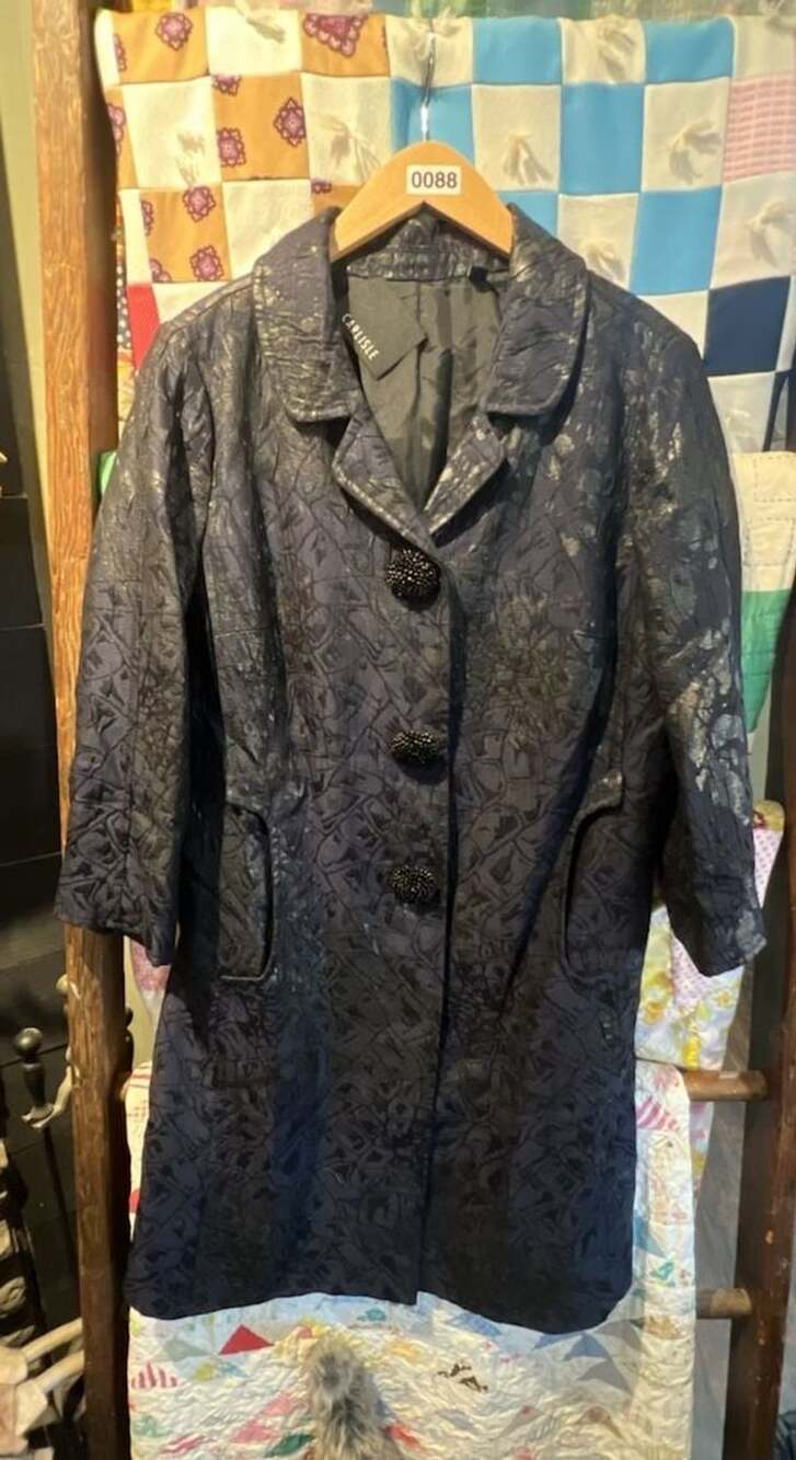 Carlisle Women's Navy Blue Brocade Metallic Tapestry Trench Coat Size 10